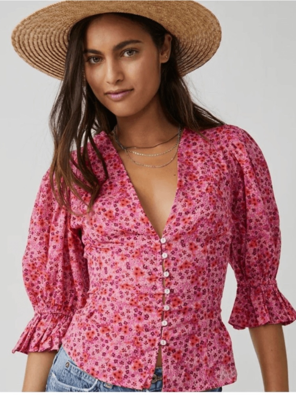 Free People I Found You Cotton Floral Cottagecore Printed Blouse Size Large